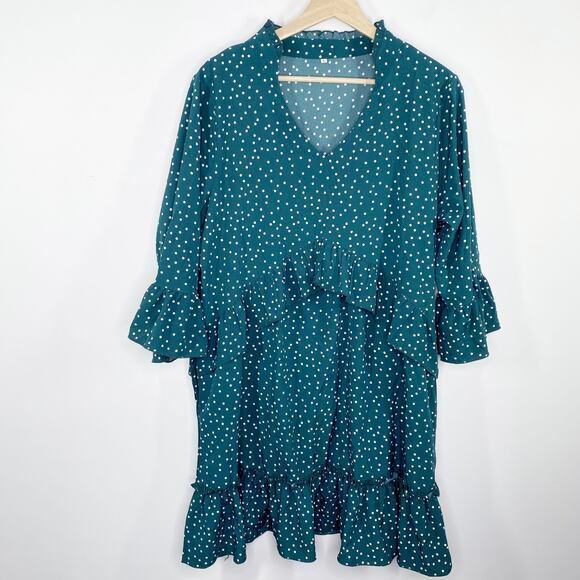Green White Polka Dot Keyhole Mock Neck Ruffle Mini Dress Women's Size Large L - Picture 8 of 8